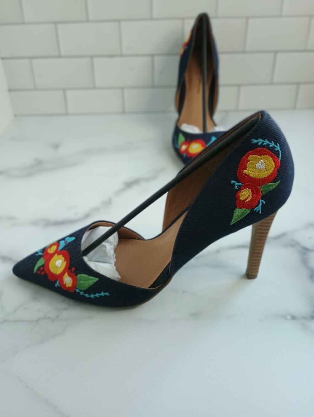 Christian Siriano Dark Denim Embroidered Pointed-Toe d'Orsay Pumps - Picture 11 of 14